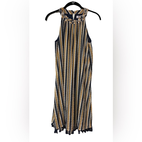 NWOT THML Sydney Chevron Halter Fringe Dress Size S Navy Print, groovy, fringe - Picture 1 of 7